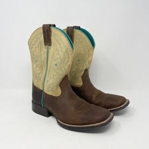 Ariat QuickDraw Western Boot Youth Girls 3 Brown Leather Gold Shimmer Square Toe